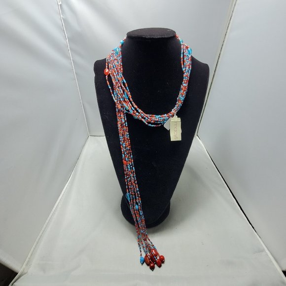 Macy's scarf type seed beaded necklace red/blue - Picture 1 of 15